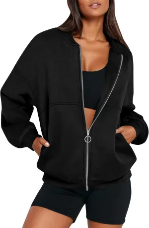 Fleece Jacket Women Zip Up Sweatshirt Casual Loose Fit Oversized Hoodie Trendy Bomber Jacket Long Sleeve Coats