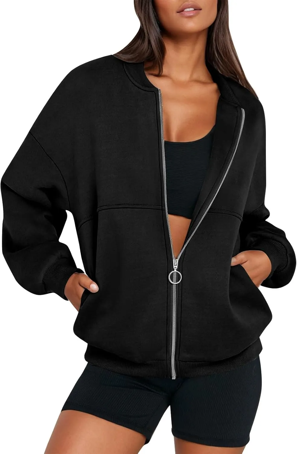 Fleece Jacket Women Zip Up Sweatshirt Casual Loose Fit Oversized Hoodie Trendy Bomber Jacket Long Sleeve Coats