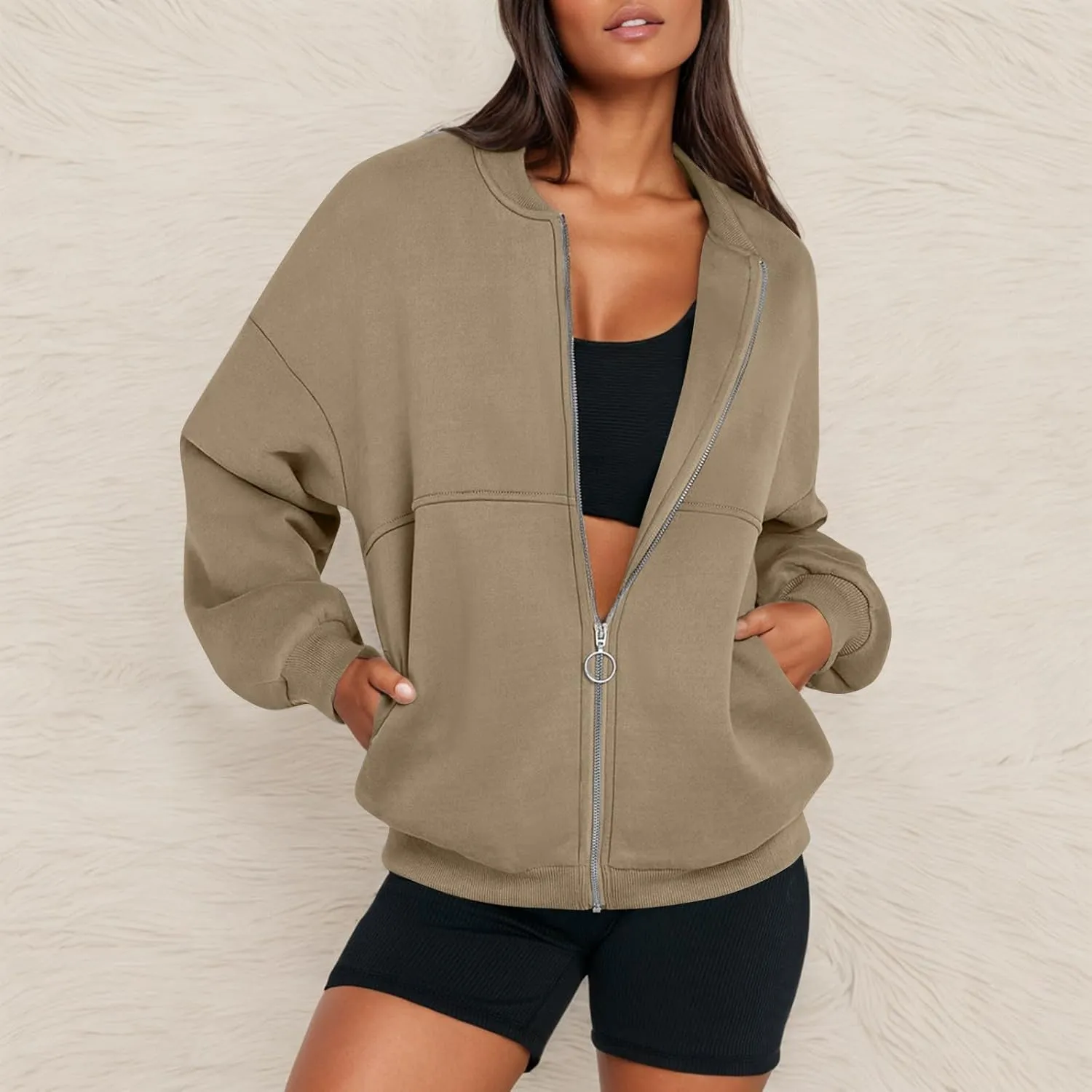Fleece Jacket Women Zip Up Sweatshirt Casual Loose Fit Oversized Hoodie Trendy Bomber Jacket Long Sleeve Coats
