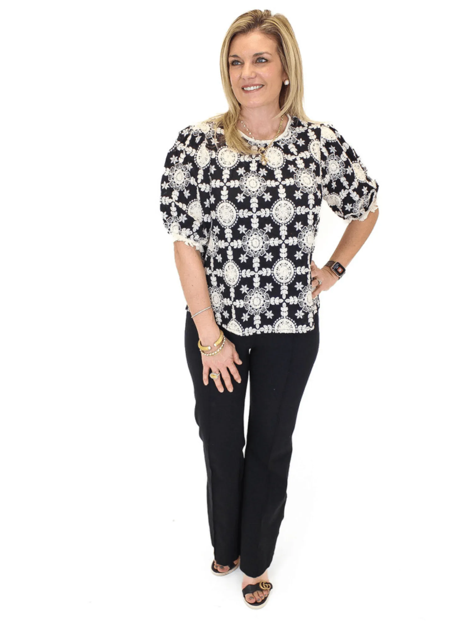 Floral Eyelet Fringe Trimmed Top - Black