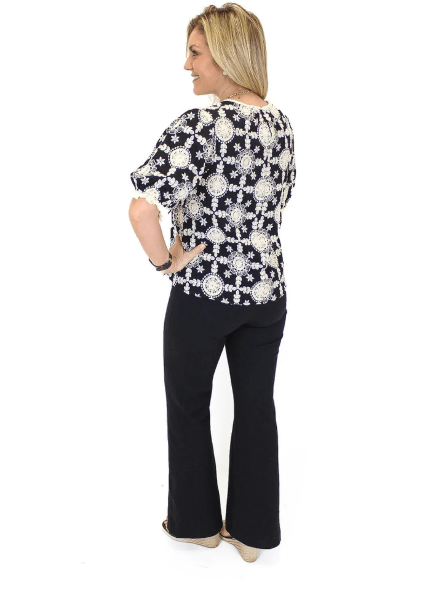 Floral Eyelet Fringe Trimmed Top - Black
