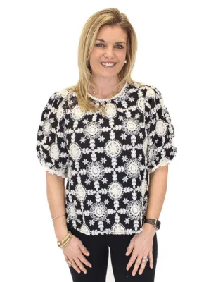 Floral Eyelet Fringe Trimmed Top - Black