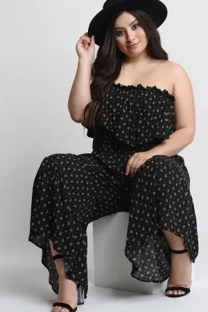 Floral Print Ruffled Strapless Smocked Bodice Jumpsuit