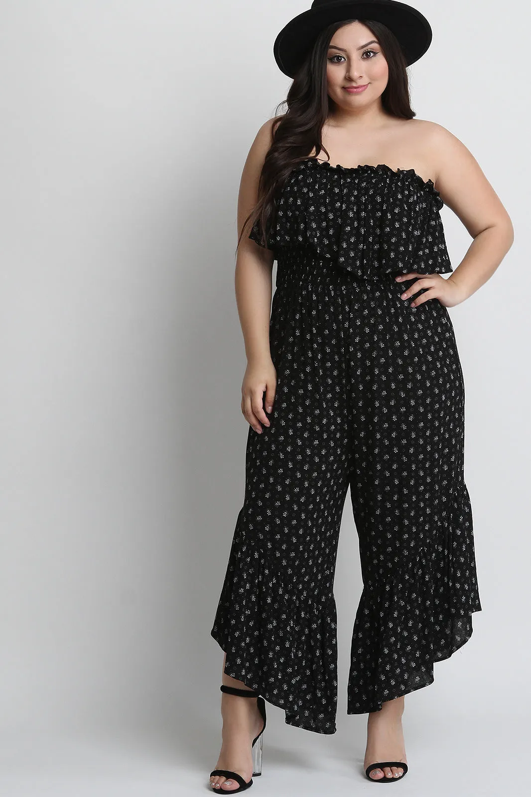 Floral Print Ruffled Strapless Smocked Bodice Jumpsuit