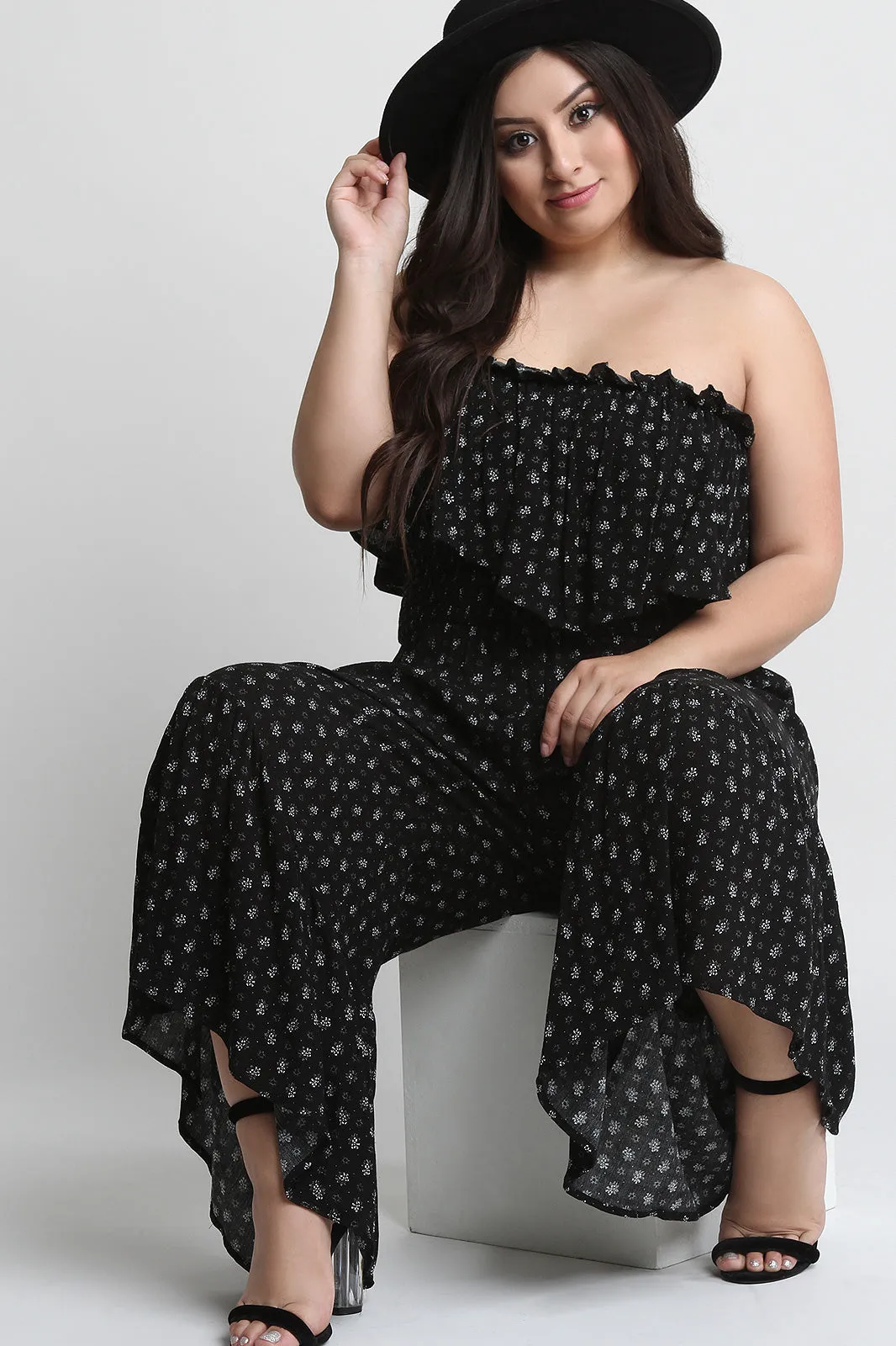 Floral Print Ruffled Strapless Smocked Bodice Jumpsuit