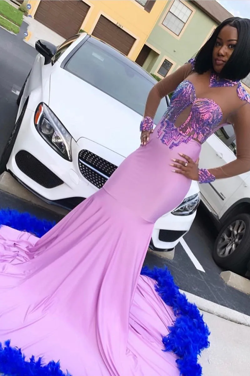 Glamorous Long Mermaid Lace Satin Prom Dress With Long Sleeves
