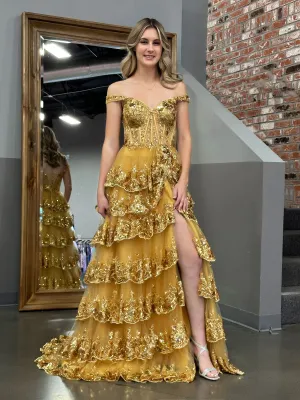 Gold Princess A Line Off the Shoulder Corset Prom Dress with Lace Ruffles