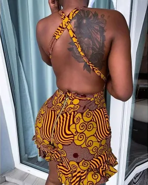 Graphic Print Criss Cross Backless Ruffle Hem Romper