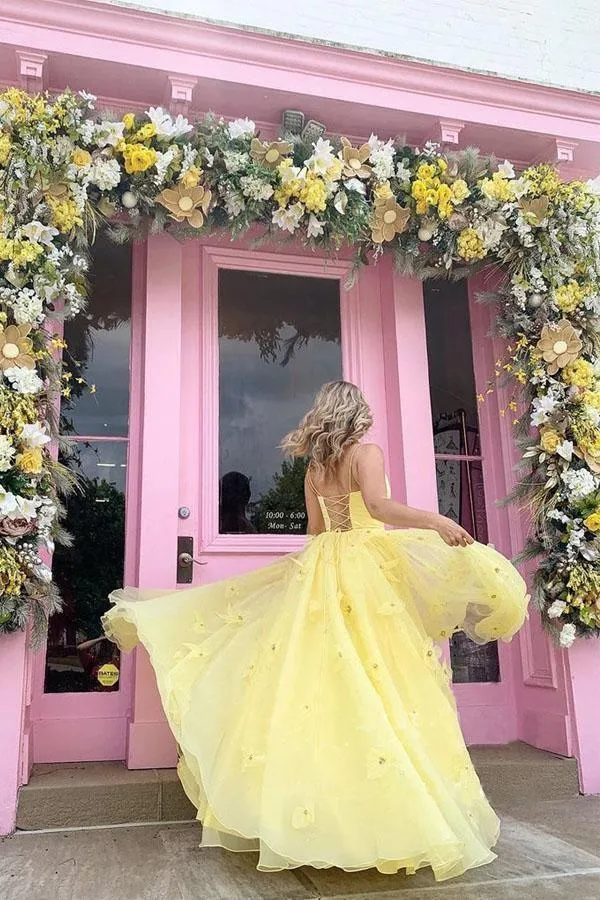 Imani | Straps Tulle Bodice 3D Flowers With Back Lace Up Yellow Prom Dress