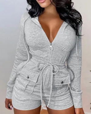 knit Hooded Drawstring Zipper Pocket Design Skinny Romper