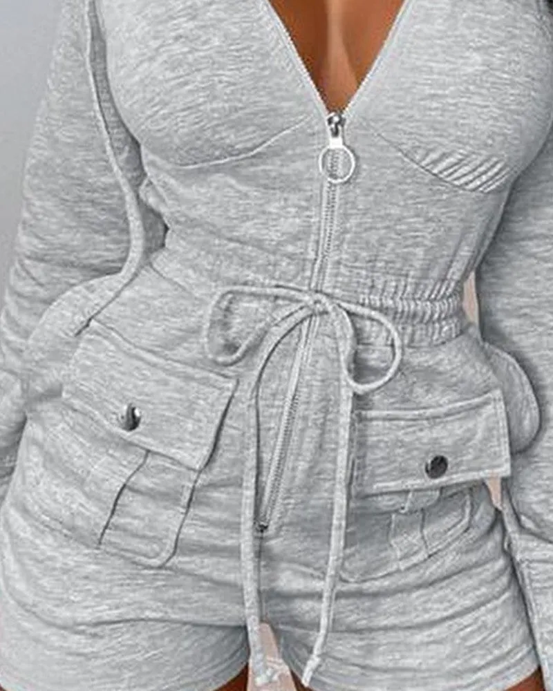 knit Hooded Drawstring Zipper Pocket Design Skinny Romper