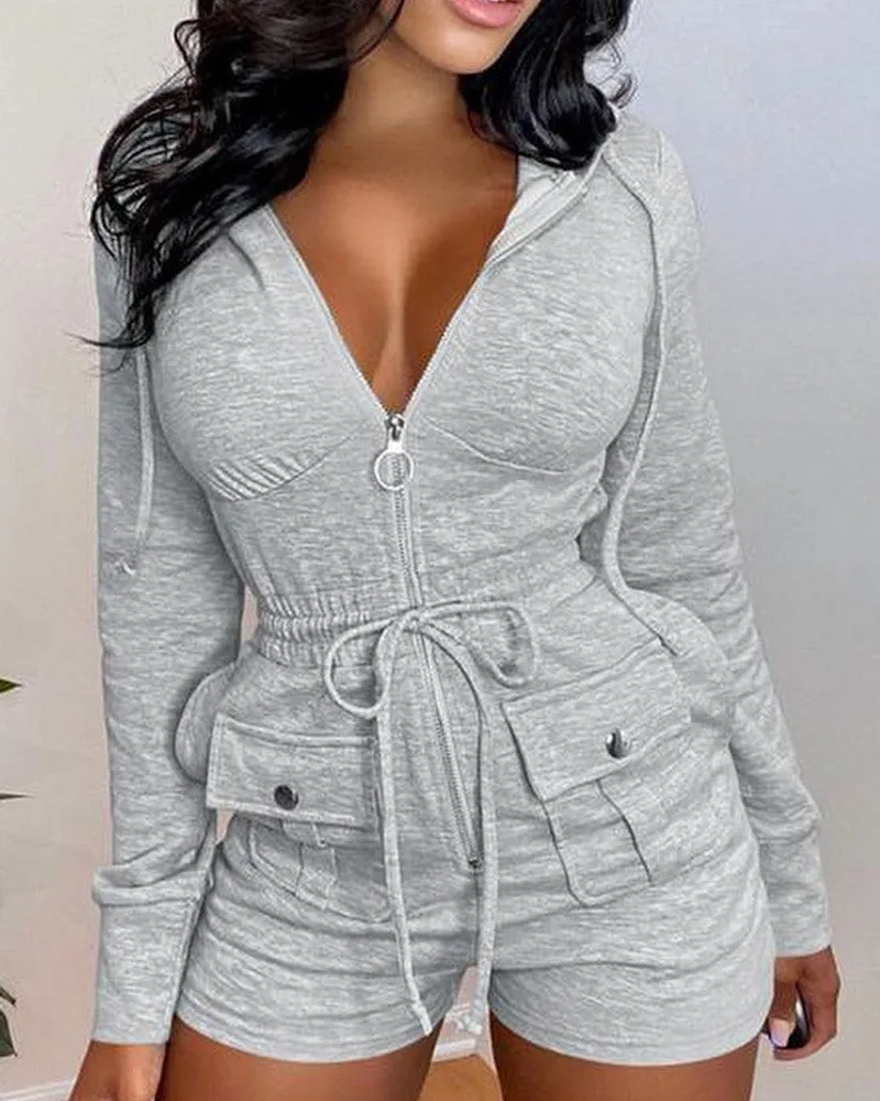 knit Hooded Drawstring Zipper Pocket Design Skinny Romper