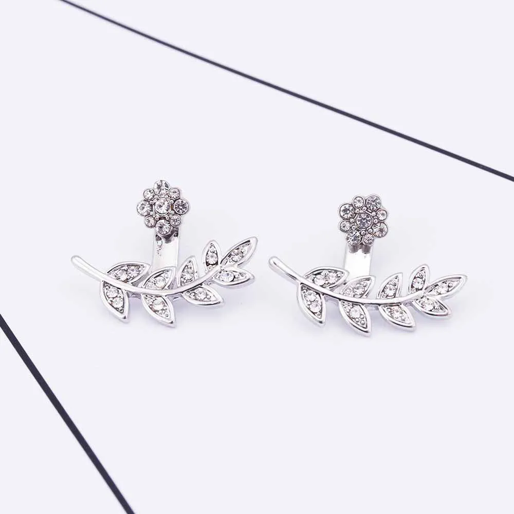 Misaki Trendy Crystal Flower & Leaf Ear Jacket Earrings in Silver or Gold
