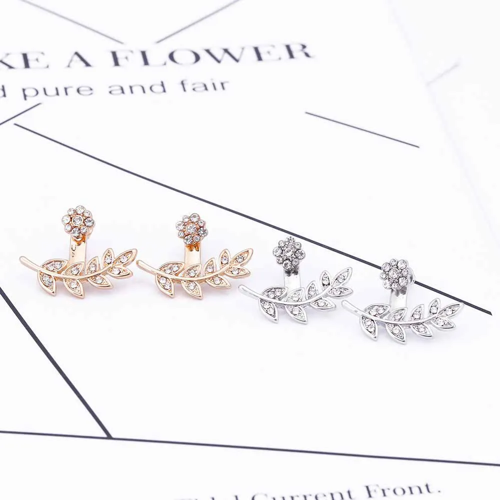Misaki Trendy Crystal Flower & Leaf Ear Jacket Earrings in Silver or Gold