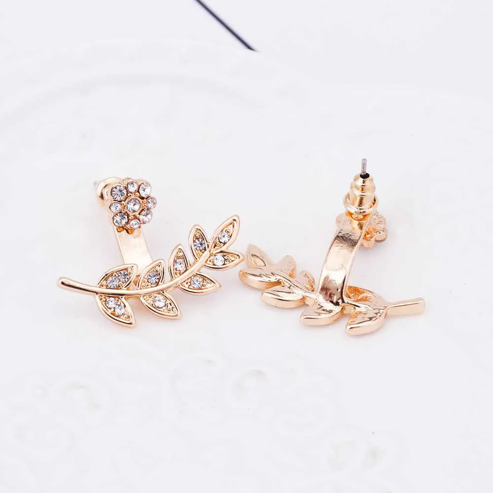 Misaki Trendy Crystal Flower & Leaf Ear Jacket Earrings in Silver or Gold