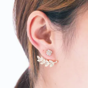 Misaki Trendy Crystal Flower & Leaf Ear Jacket Earrings in Silver or Gold