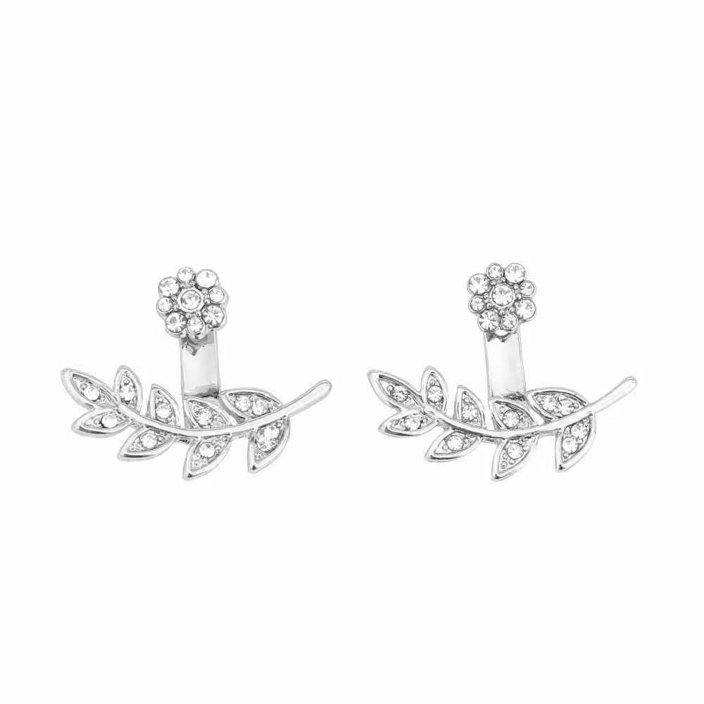 Misaki Trendy Crystal Flower & Leaf Ear Jacket Earrings in Silver or Gold