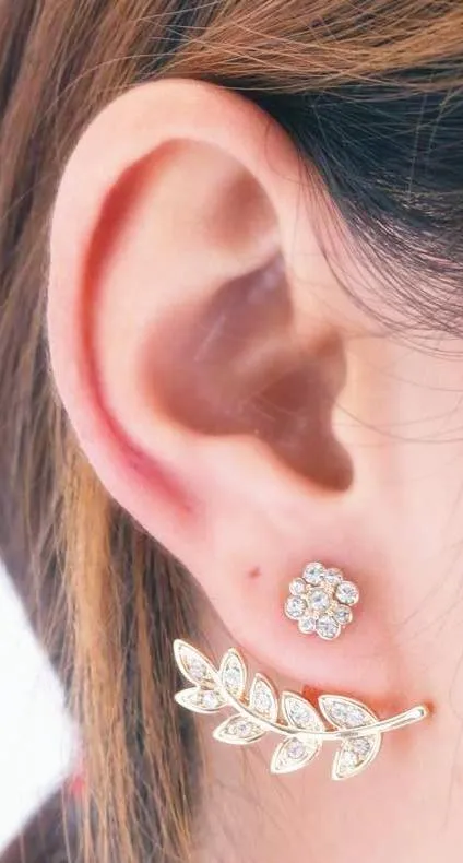 Misaki Trendy Crystal Flower & Leaf Ear Jacket Earrings in Silver or Gold