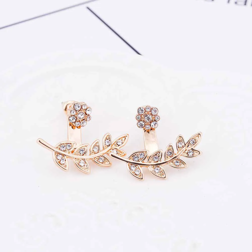 Misaki Trendy Crystal Flower & Leaf Ear Jacket Earrings in Silver or Gold