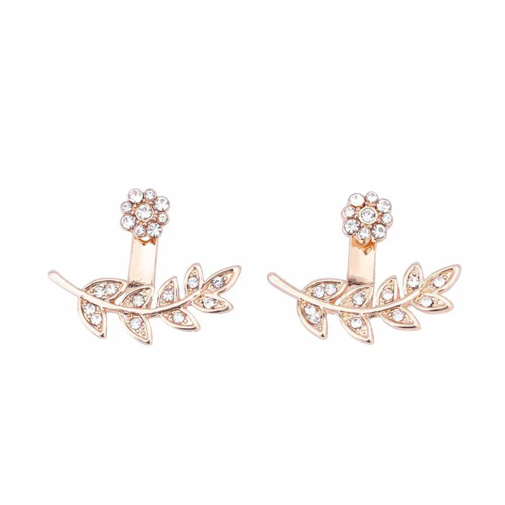 Misaki Trendy Crystal Flower & Leaf Ear Jacket Earrings in Silver or Gold