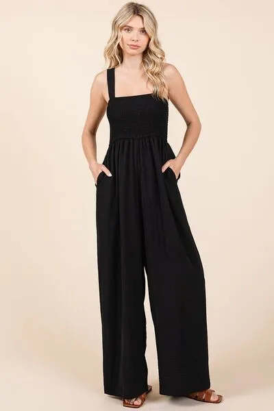 Mittoshop Black Smocked Wide Strap Wide Leg Overalls