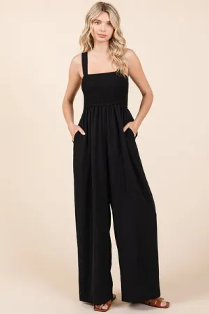 Mittoshop Black Smocked Wide Strap Wide Leg Overalls