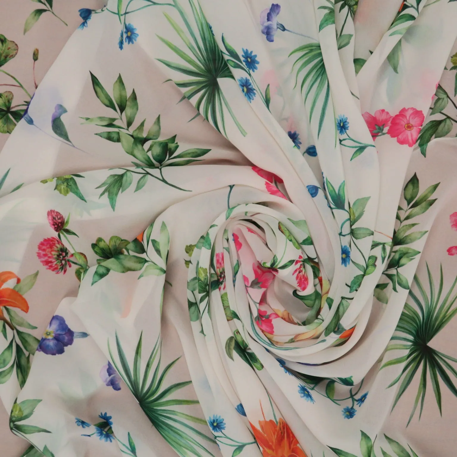 Multicolor Flowers on White Background Polyester Chiffon Fabric