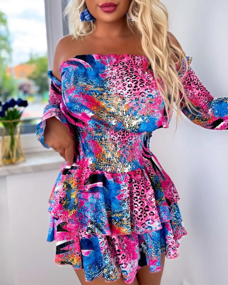 Multicolor Leopard Zebra Stripe Print Shirred Off Shoulder Romper