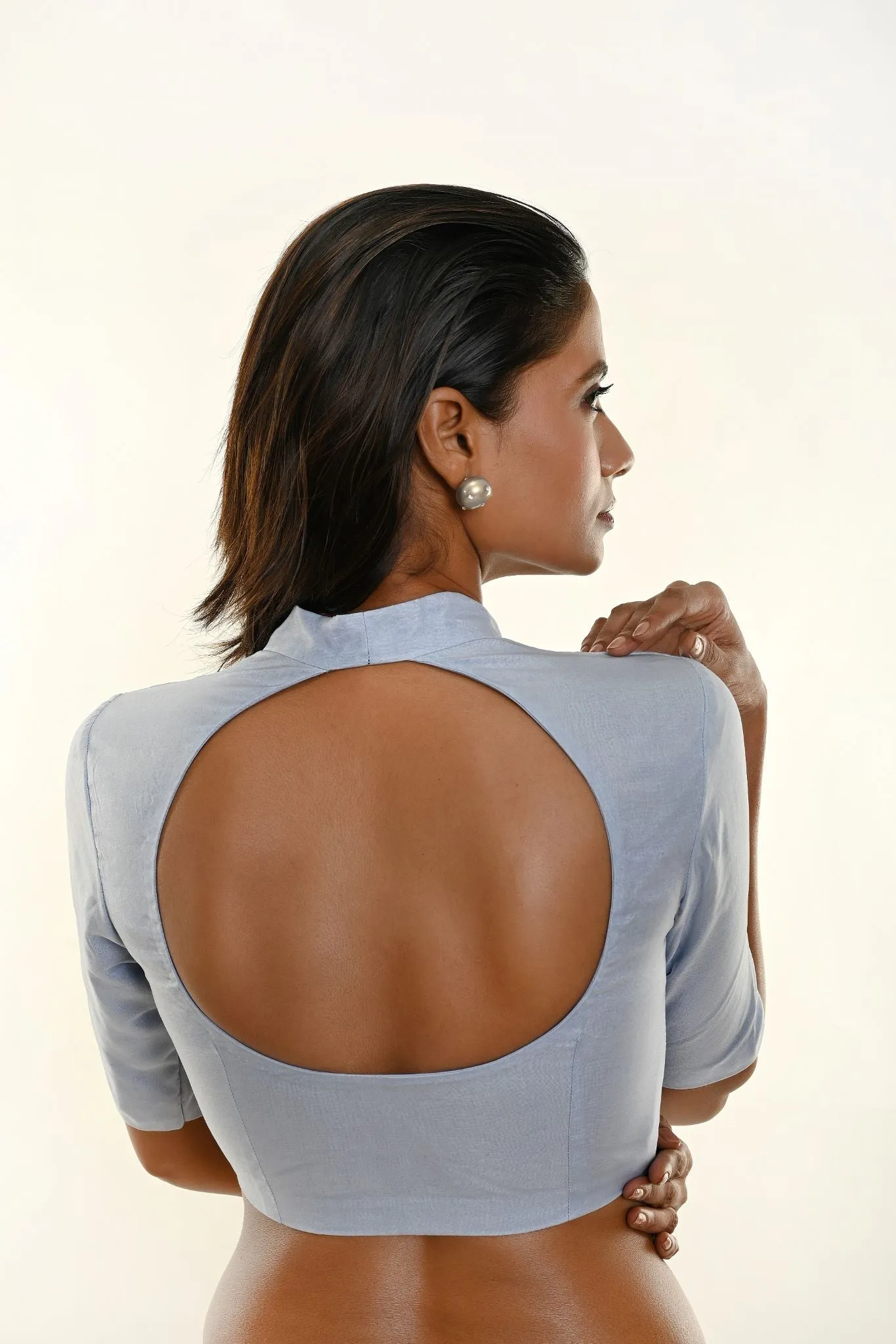 Pastel Blue Leaf Neckline Back Cut Organza Blouse