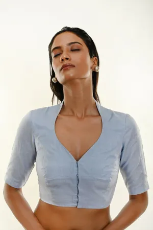 Pastel Blue Leaf Neckline Back Cut Organza Blouse