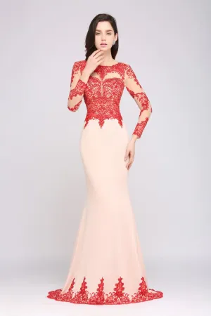 Pink Mermaid Scoop Sweep Train Pretty Evening Dresses with Lace