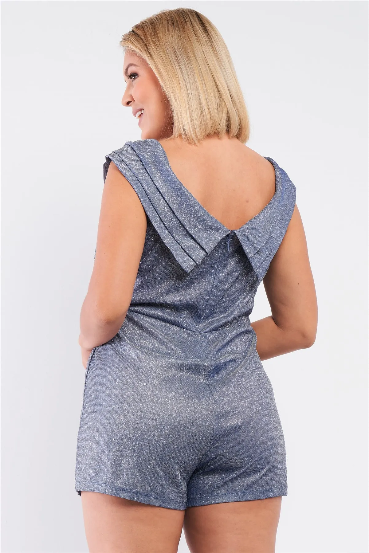 Plus Glimmering Ice Blue Sleeveless Bateau Neck Pleated Wrap Detail Fitted Romper