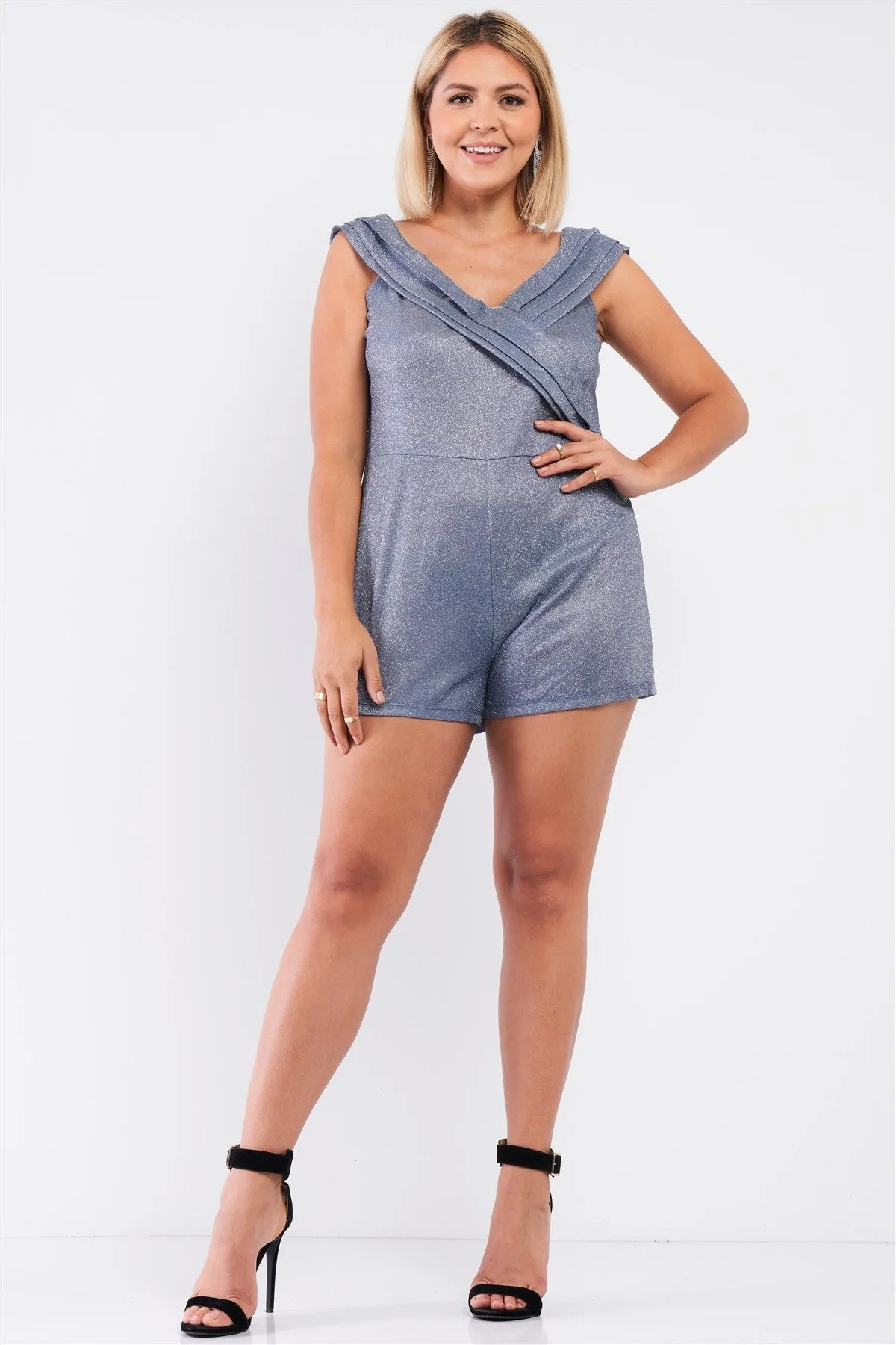 Plus Glimmering Ice Blue Sleeveless Bateau Neck Pleated Wrap Detail Fitted Romper