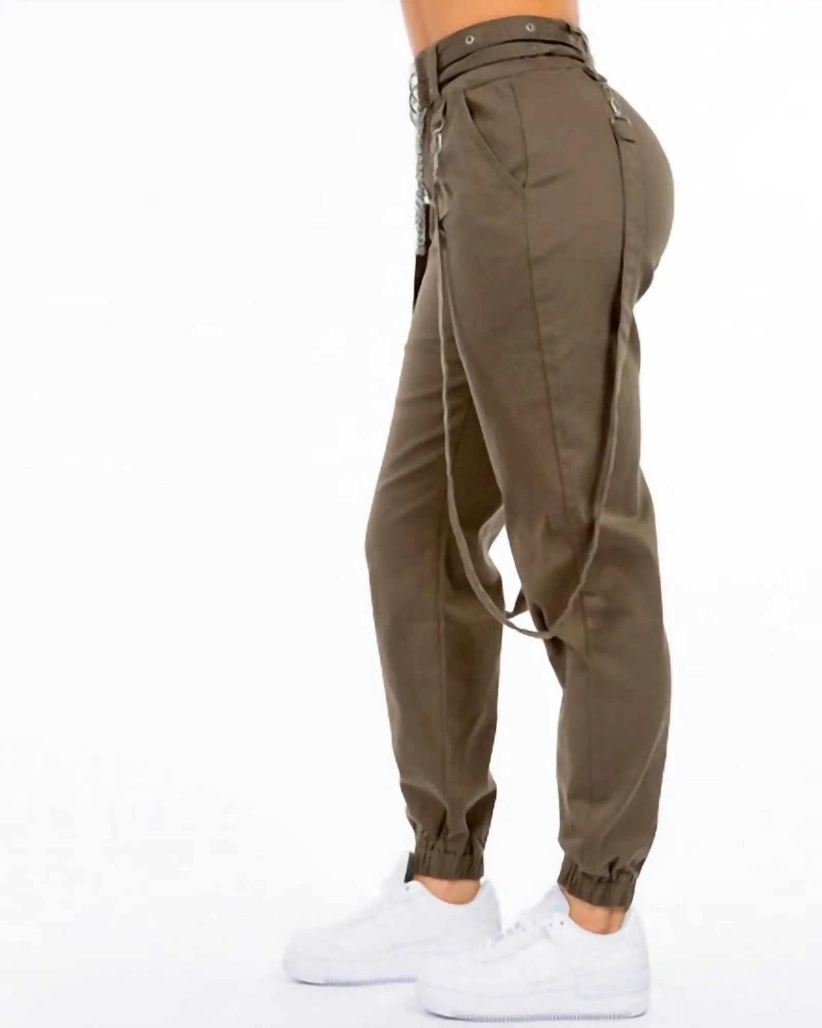 Plus Size High Waist Jogger Pants With Suspenders In Army Green | Army Green