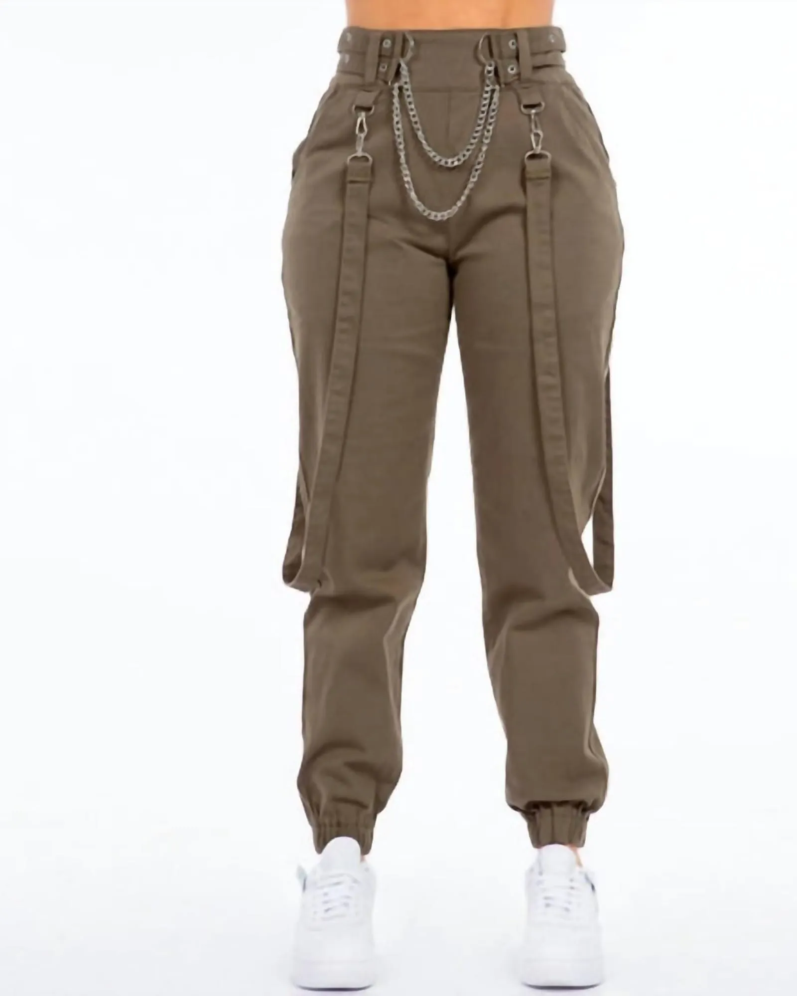 Plus Size High Waist Jogger Pants With Suspenders In Army Green | Army Green