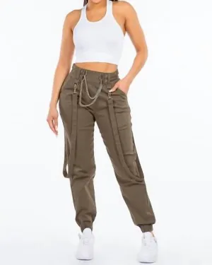 Plus Size High Waist Jogger Pants With Suspenders In Army Green | Army Green