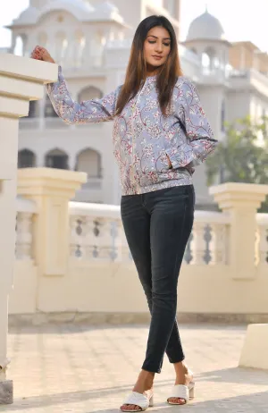 Printed Zippered Jacket with Sleeves in Grey