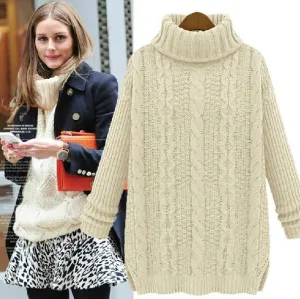 Pullover High Neck Knit Twist Long Sleeve Side Slit Sweater