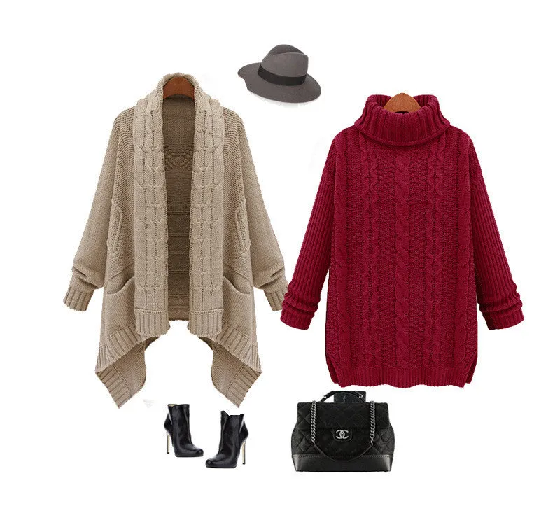 Pullover High Neck Knit Twist Long Sleeve Side Slit Sweater