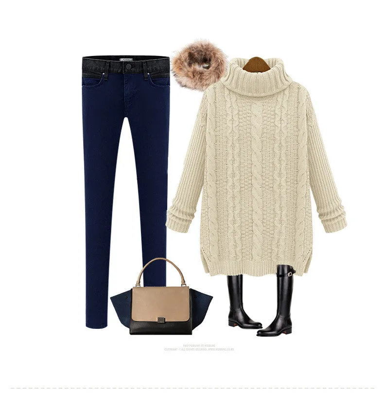 Pullover High Neck Knit Twist Long Sleeve Side Slit Sweater