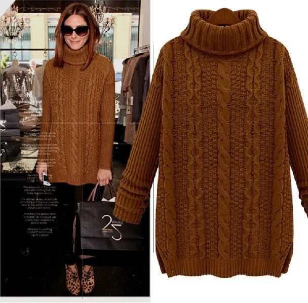 Pullover High Neck Knit Twist Long Sleeve Side Slit Sweater
