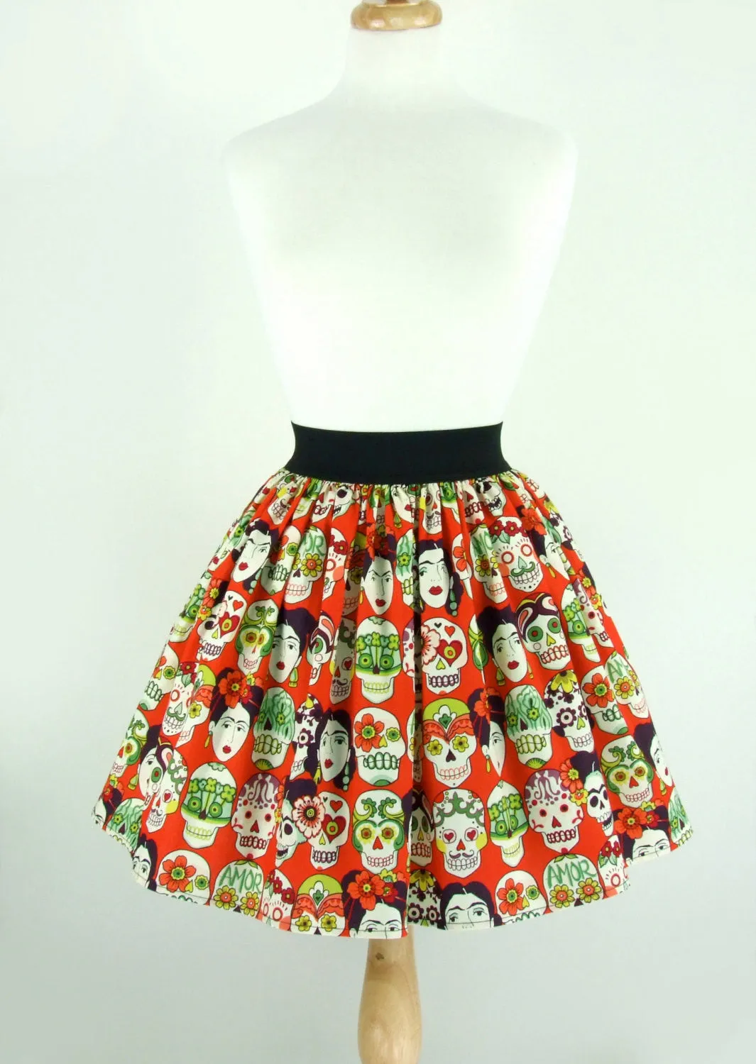 "Lindy" Frida and Skulls Orange Skirt