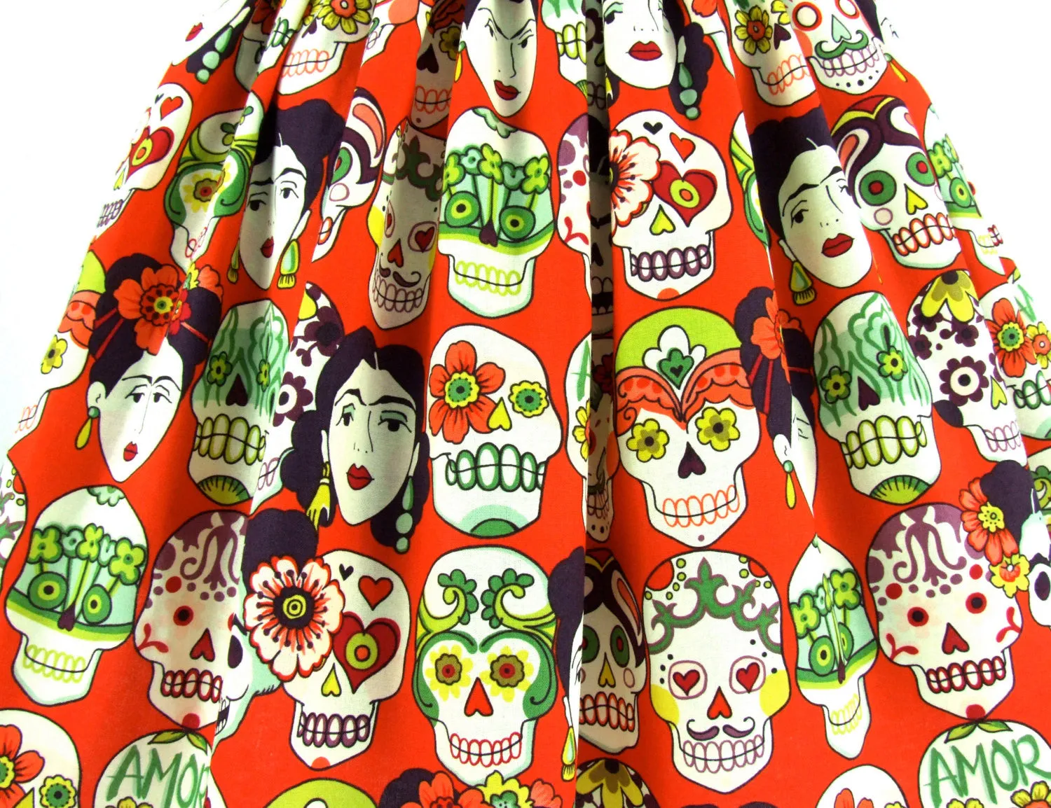 "Lindy" Frida and Skulls Orange Skirt
