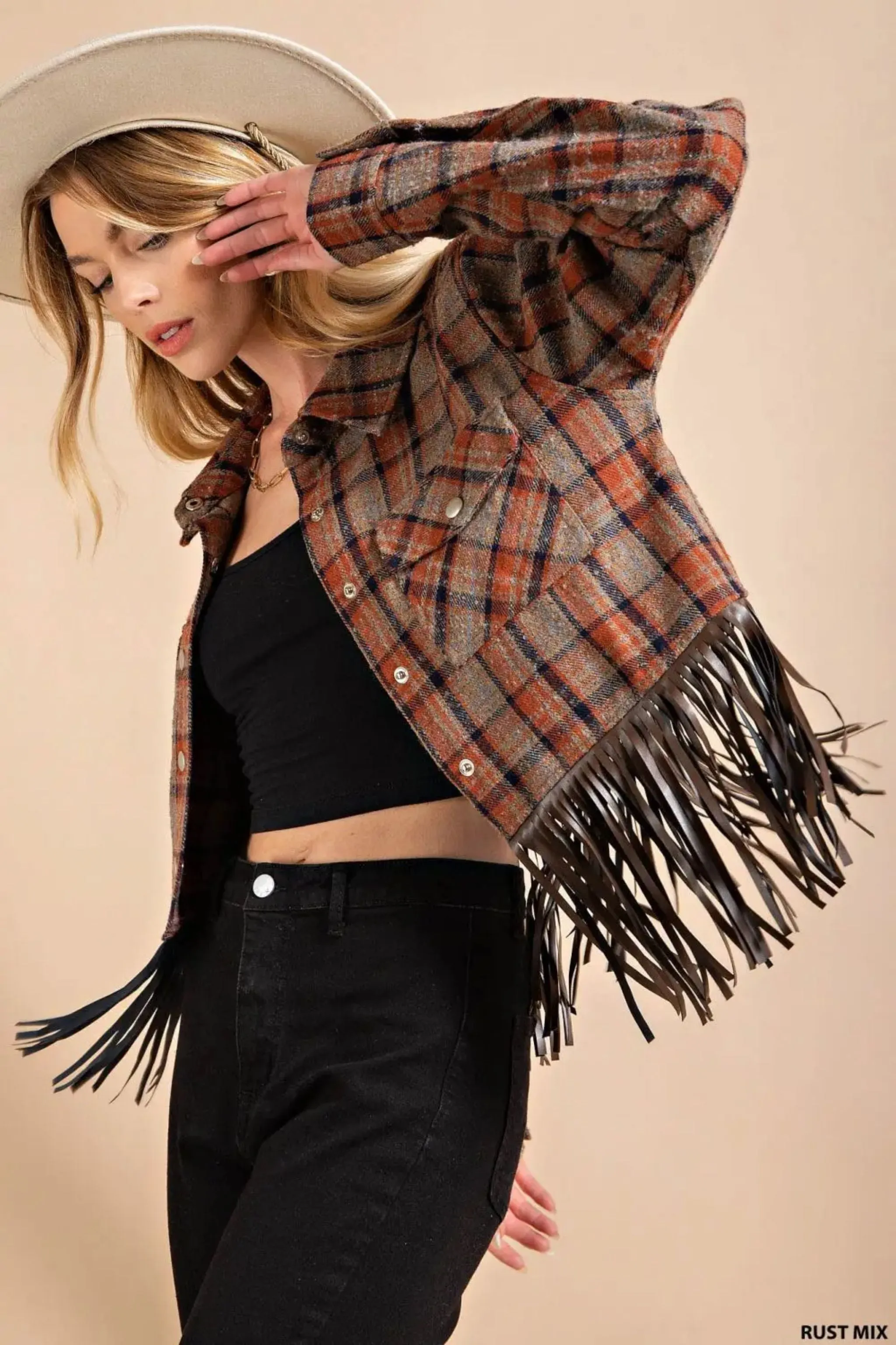 Saratoga Cropped Plaid Fringe Jacket