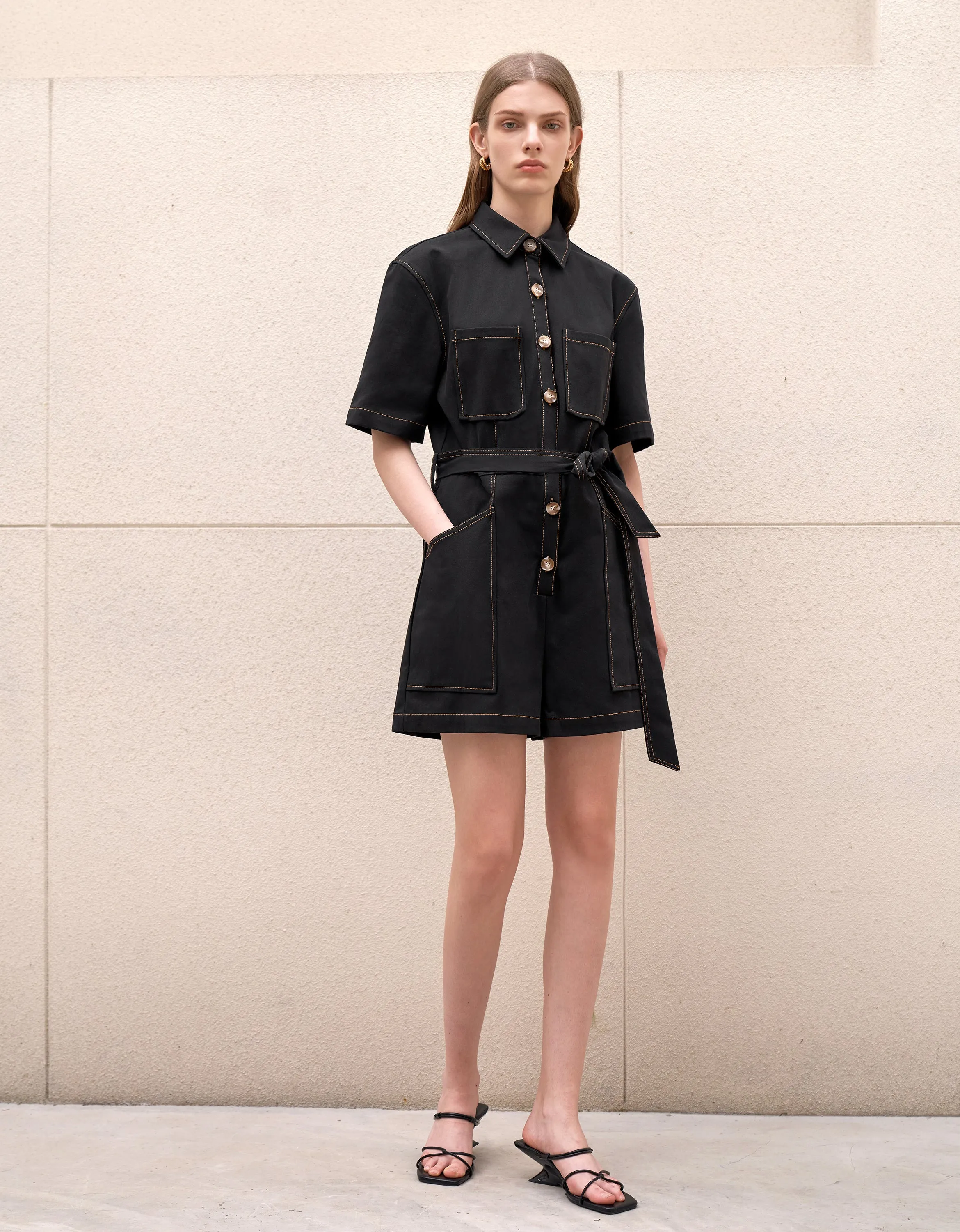 Self-tie Patch Pocket Romper