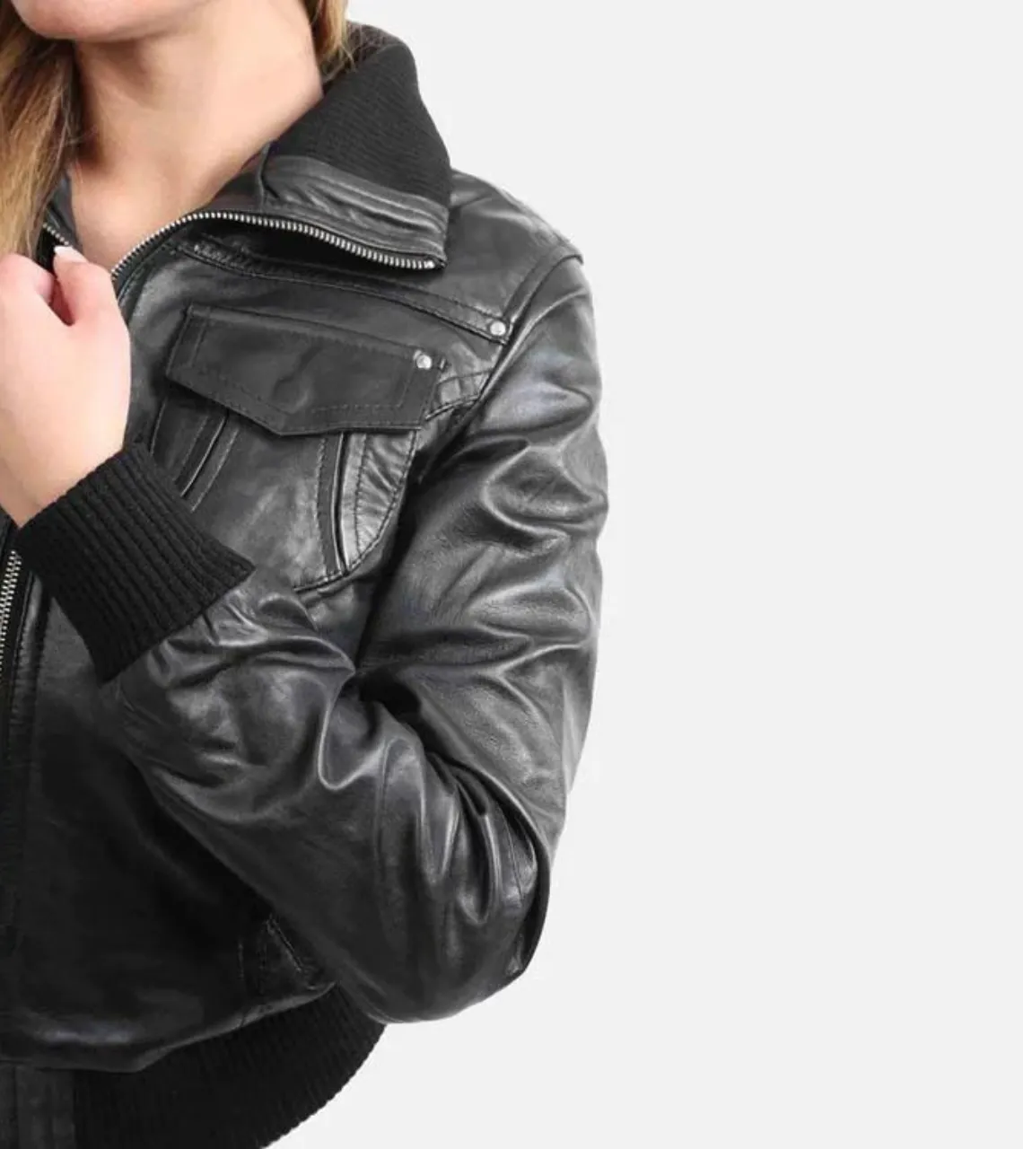 Short Women’s Leather Bomber Jacket