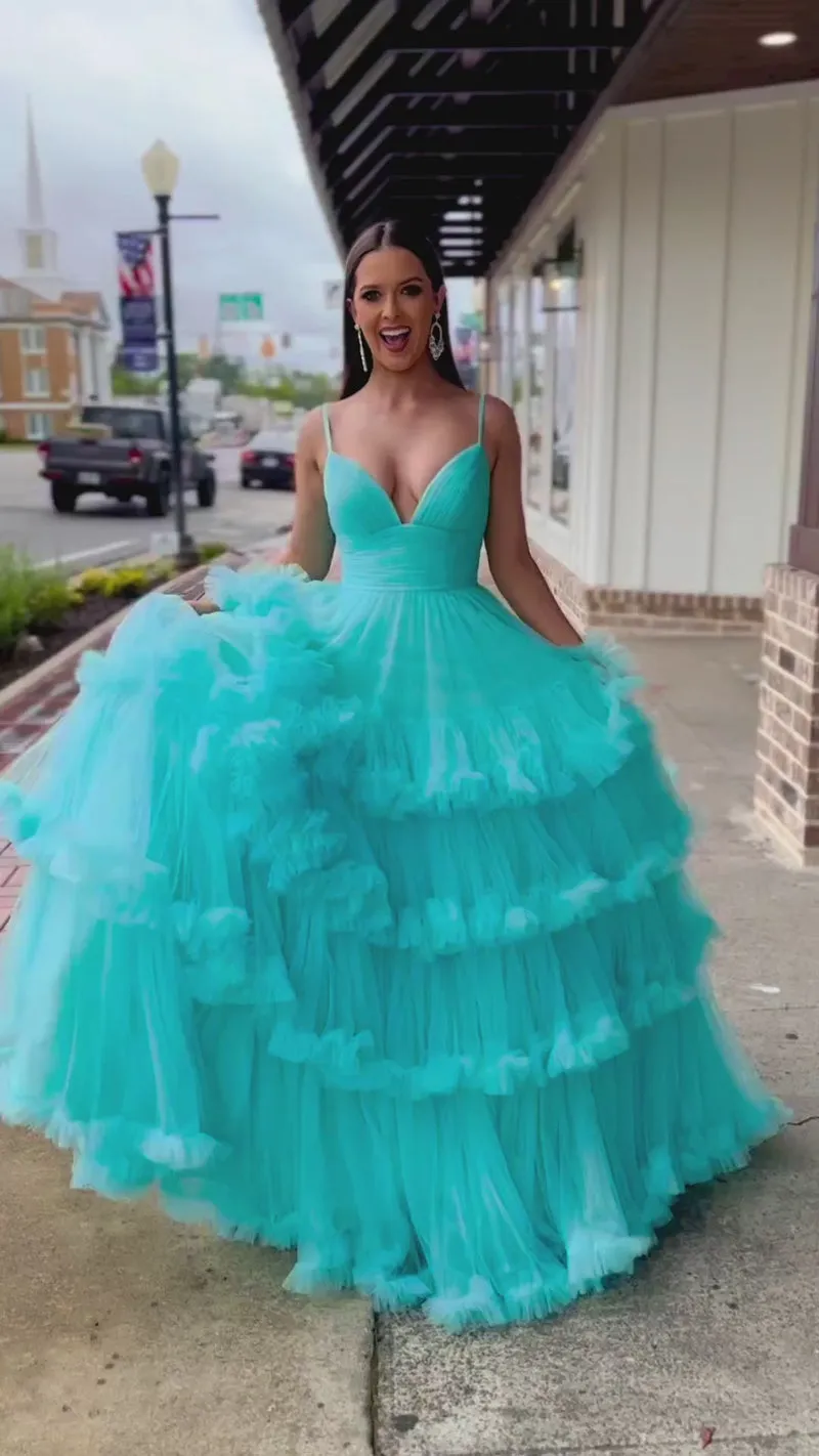 Skye |A-line V-Neck Tulle Prom Dress with Tiered Ruffles