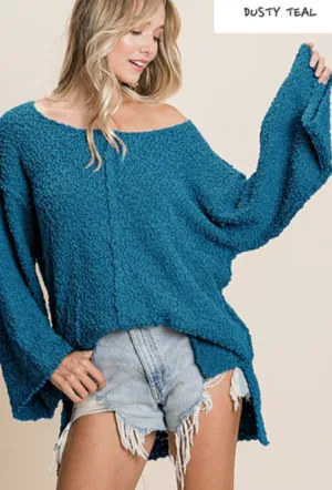 Soft Dusty Teal Popcorn Sweater