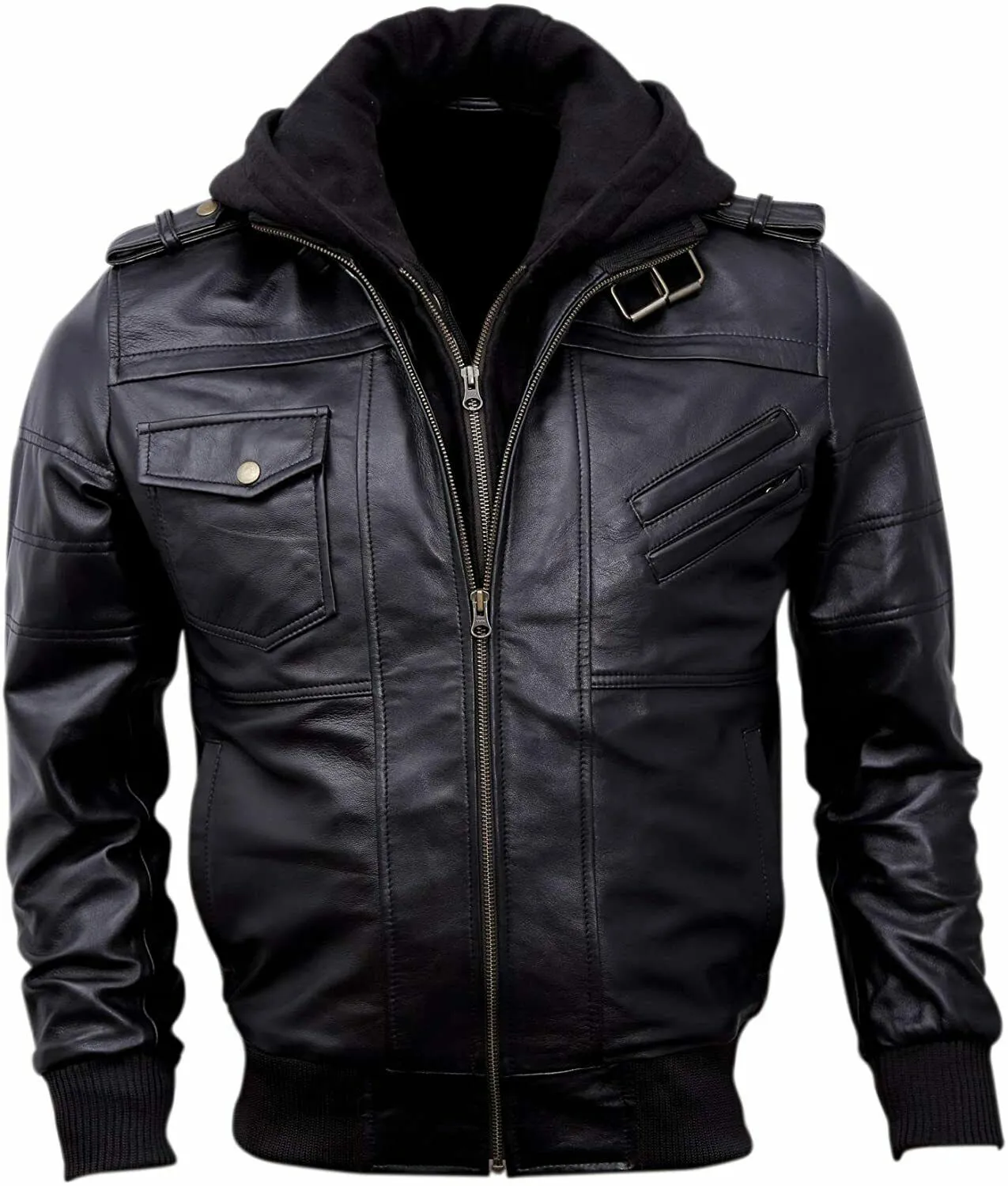 Spine Spark Men Motorbike Removable Hooded Jacket Black Leather