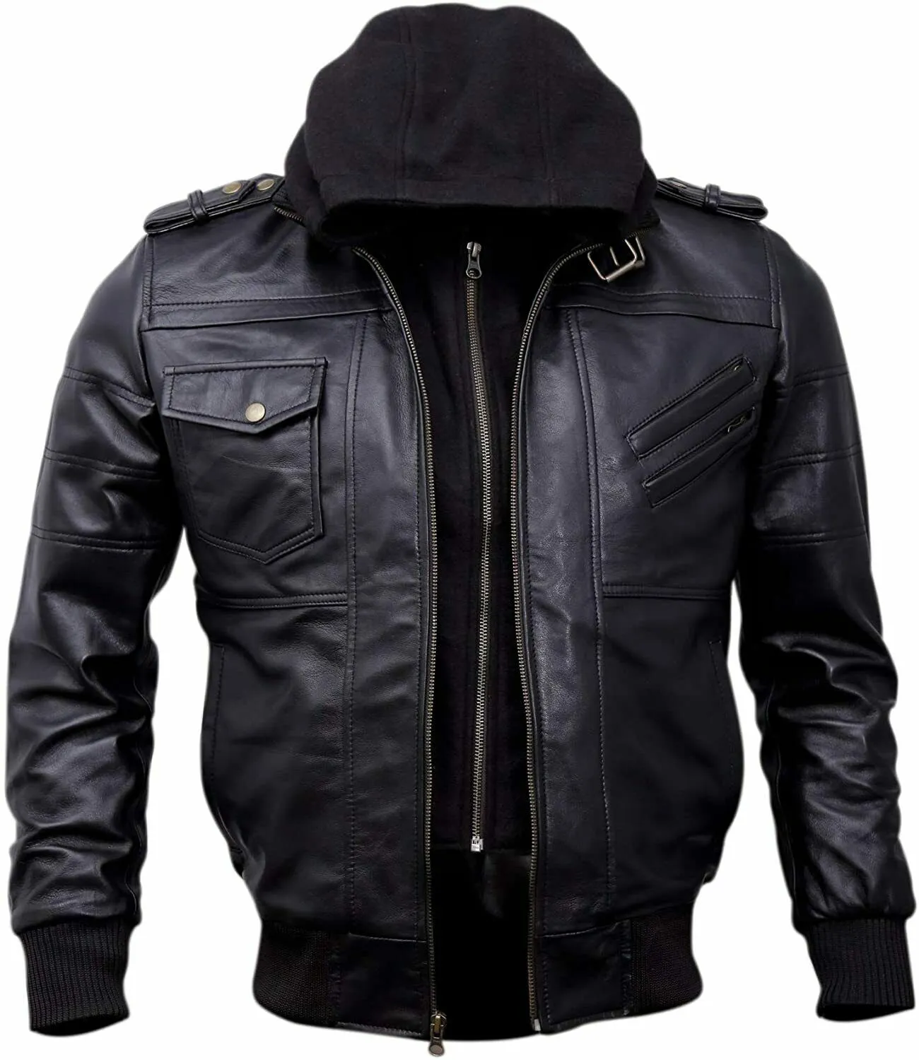 Spine Spark Men Motorbike Removable Hooded Jacket Black Leather